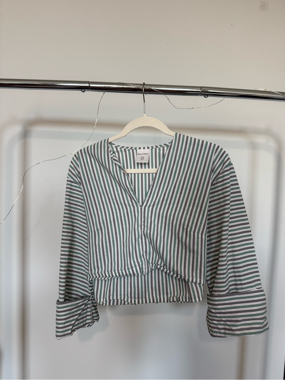 House of Sunny Green and White Striped V-Neck Cropped Blouse
